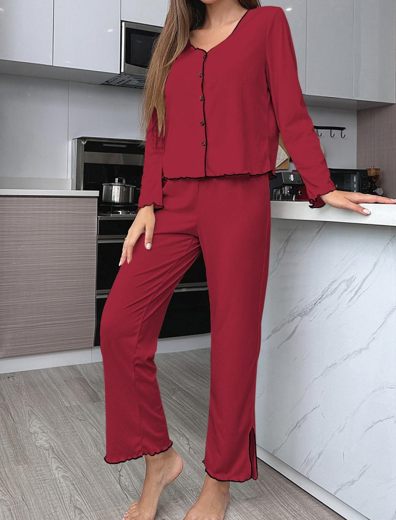 Casual Piped Button Pajama Set