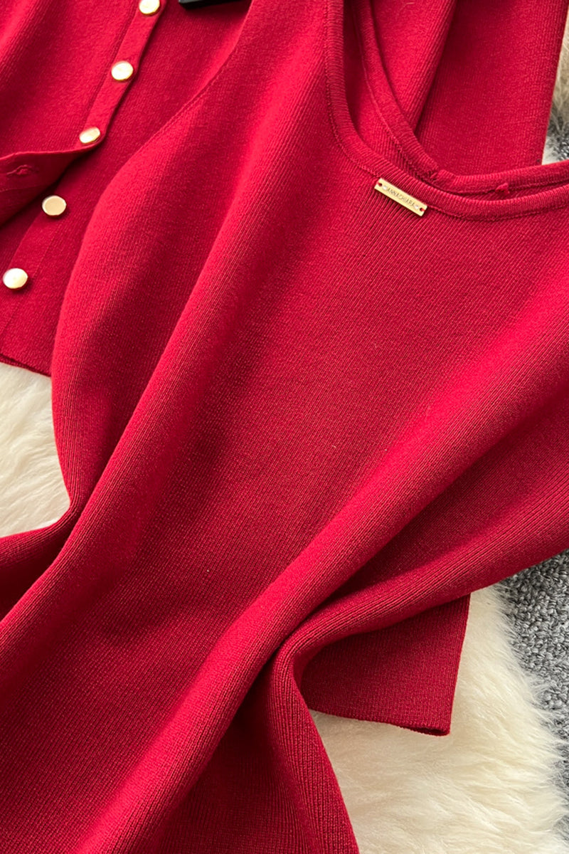 Elegant Knit Skirt Set with Buttoned Cardigan