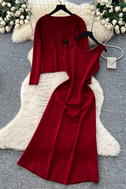 Elegant Knit Skirt Set with Buttoned Cardigan