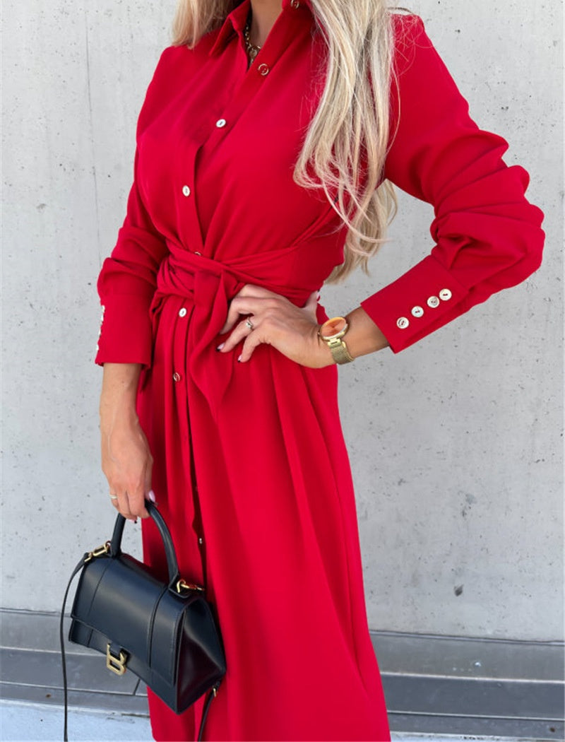 Belted Shirt Dress with Front Slit