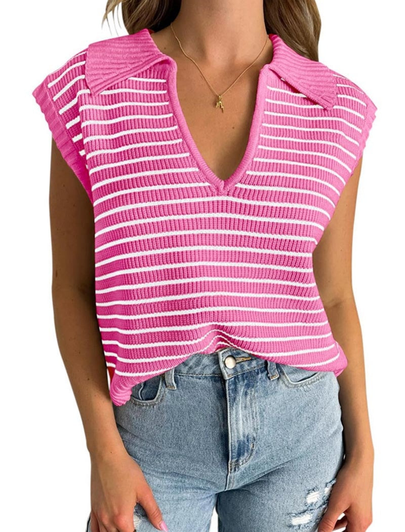 Striped Sleeveless Collared Knit Top