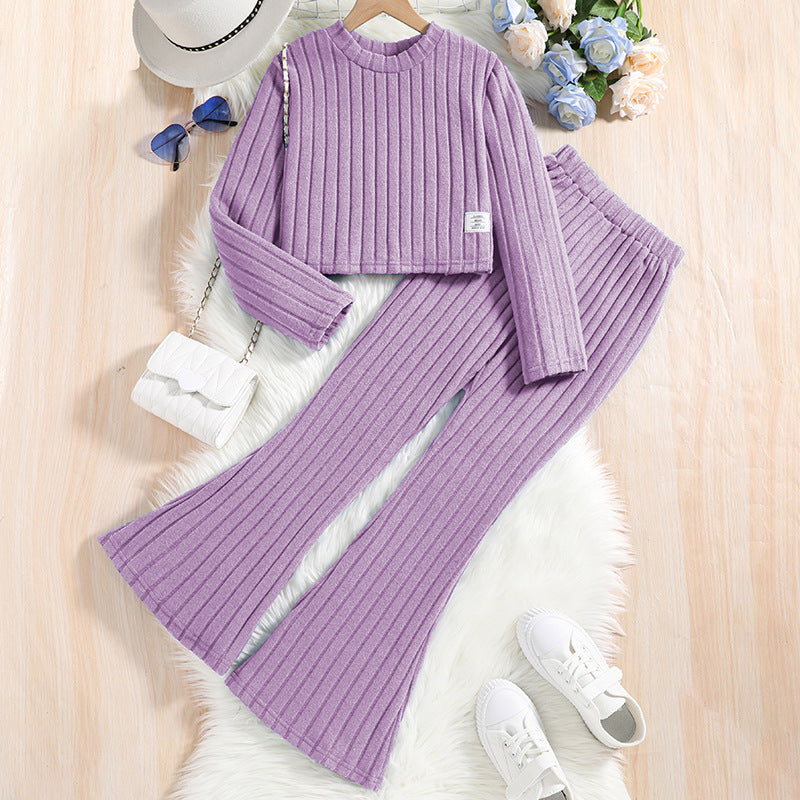 Ribbed Knit Cropped Sweater and Flare Pants Set (Kids)