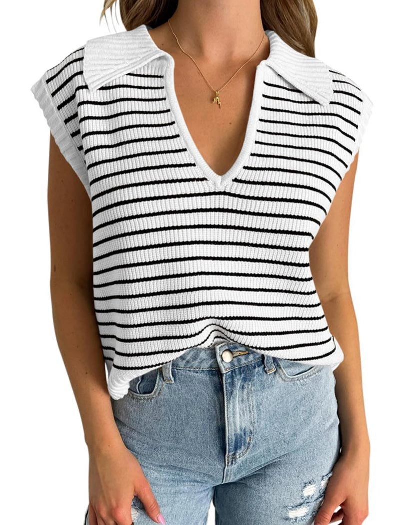 Striped Sleeveless Collared Knit Top