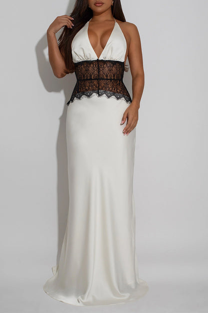 Elegant Halter Lace Detail Maxi Dress