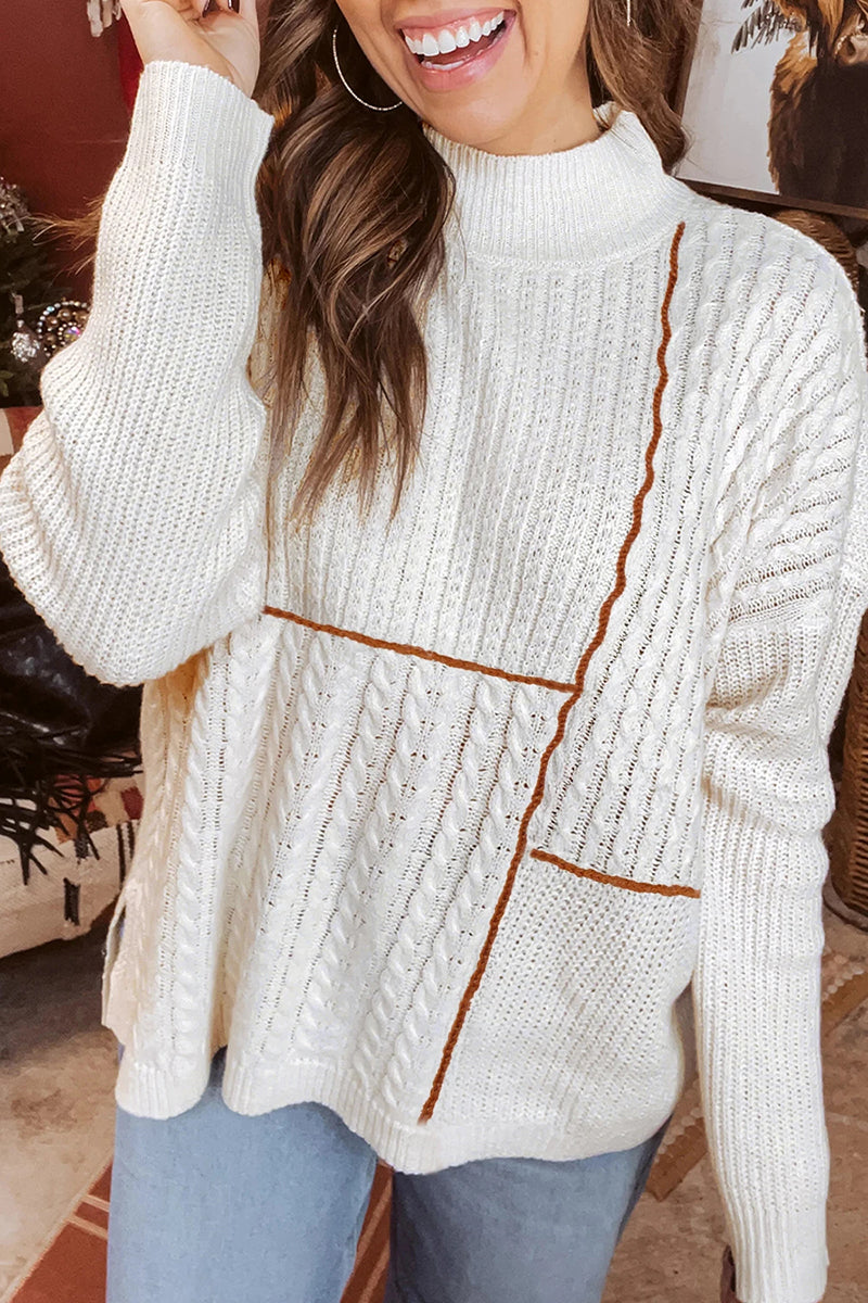 Patchwork Stitch Mock Neck Sweater