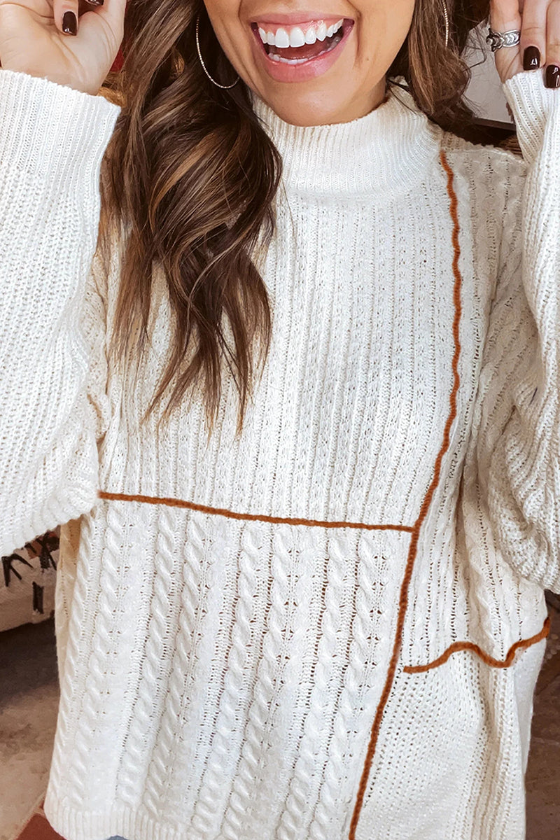 Patchwork Stitch Mock Neck Sweater