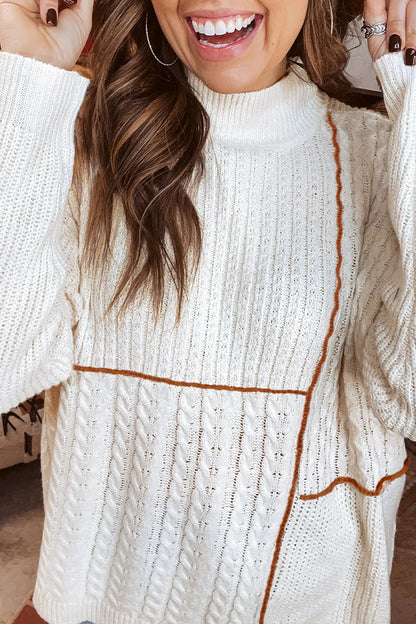 Patchwork Stitch Mock Neck Sweater