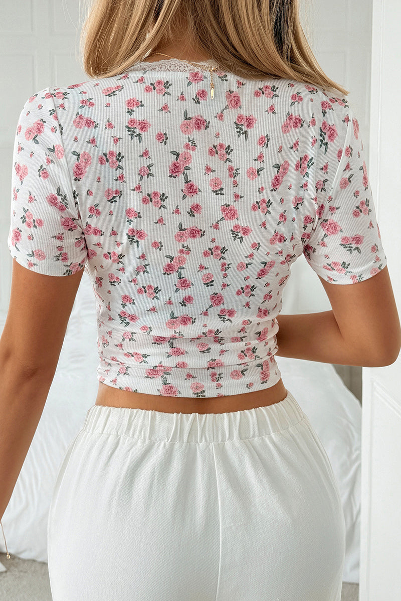 Floral Button-Up T-Shirt with Lace Trim