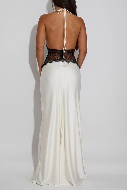 Elegant Halter Lace Detail Maxi Dress