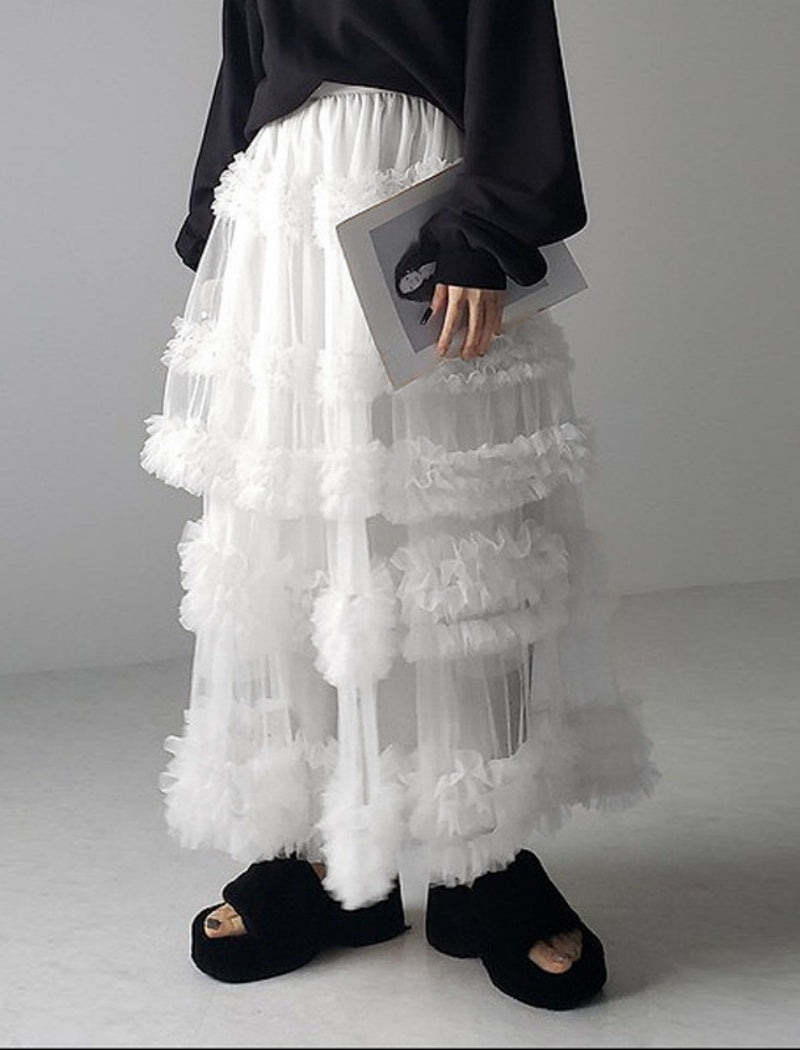 Layered Ruffle Tulle Maxi Skirt