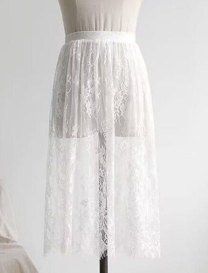 Sheer Lace Overlay Midi Skirt