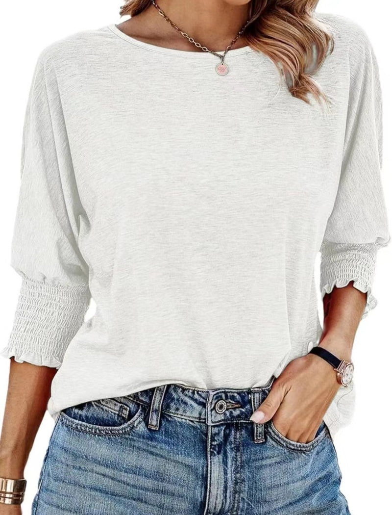 Smocked Cuff Round Neck Blouse