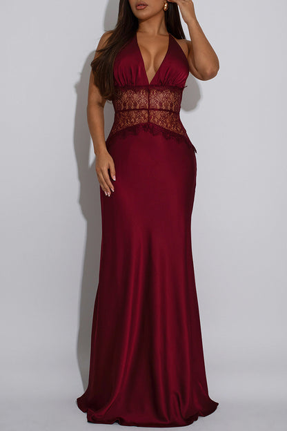 Elegant Halter Lace Detail Maxi Dress