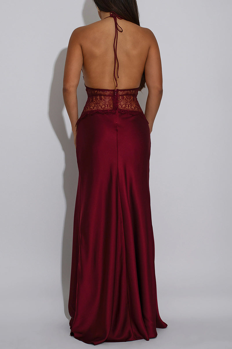 Elegant Halter Lace Detail Maxi Dress