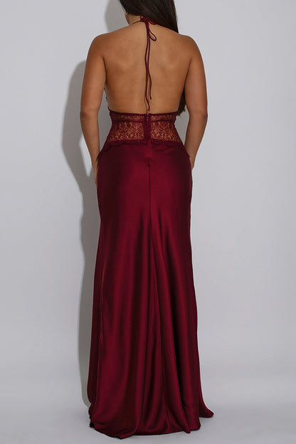 Elegant Halter Lace Detail Maxi Dress