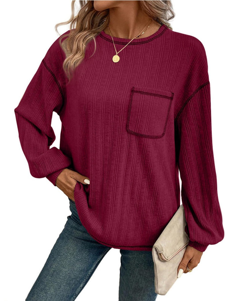 Patch Pocket Ribbed Long-Sleeve Sweater