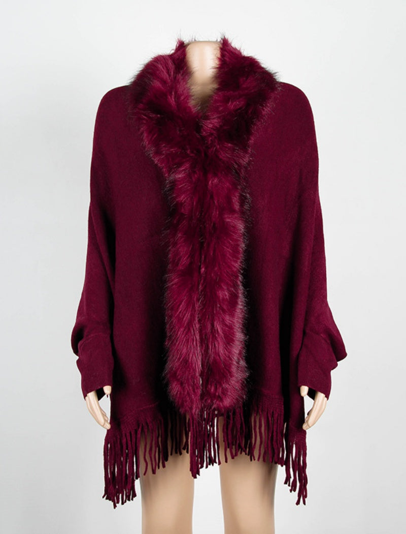Faux Fur Trim Shawl with Fringe Detail