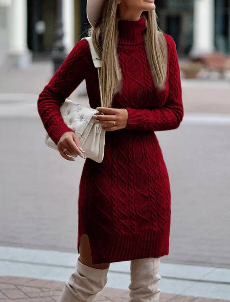 Cable Knit Turtleneck Sweater Dress