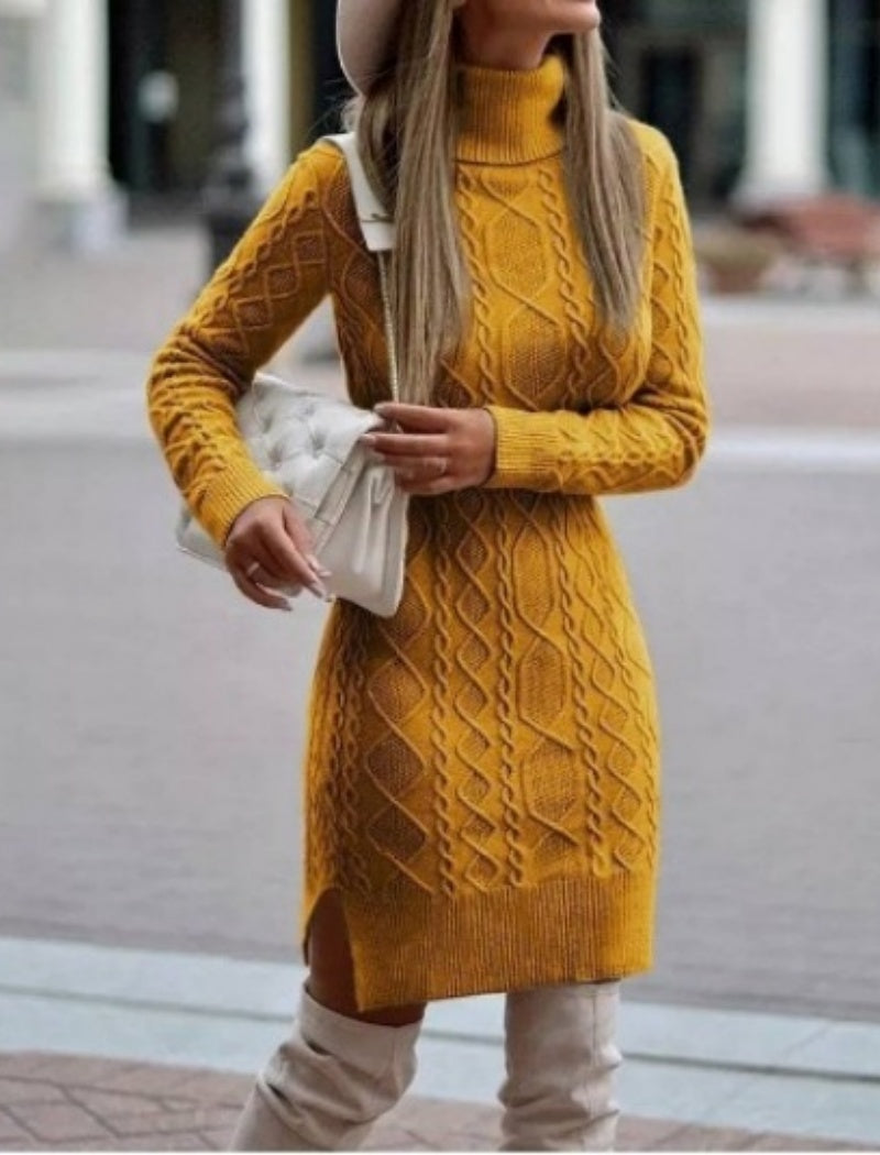 Cable Knit Turtleneck Sweater Dress