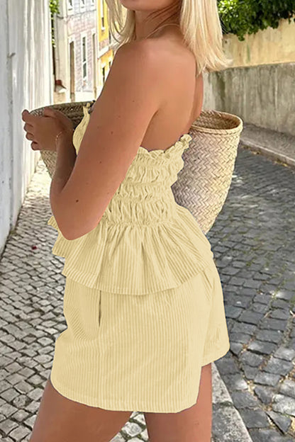 Smocked Strapless Casual Set with Ruffles