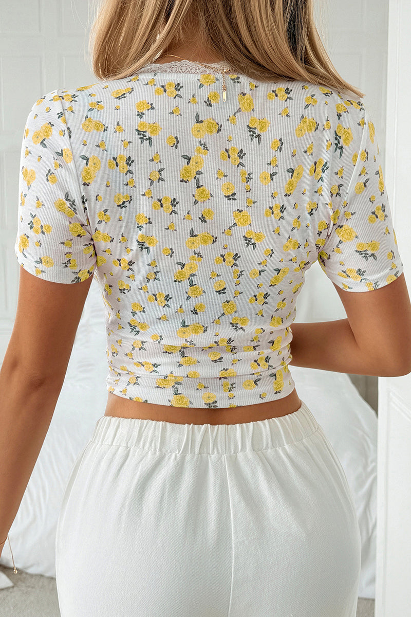 Floral Button-Up T-Shirt with Lace Trim