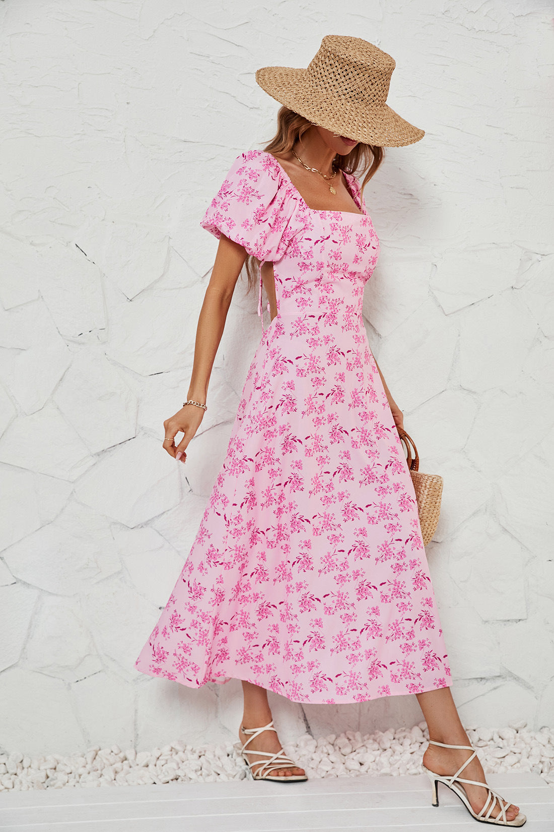 DVI407031D Floral Print Puff Sleeve Midi Dress