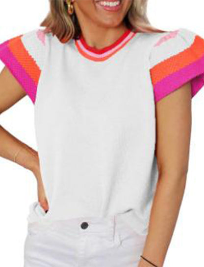 Crew Neck Colorblock Short Sleeve Knit Sweater